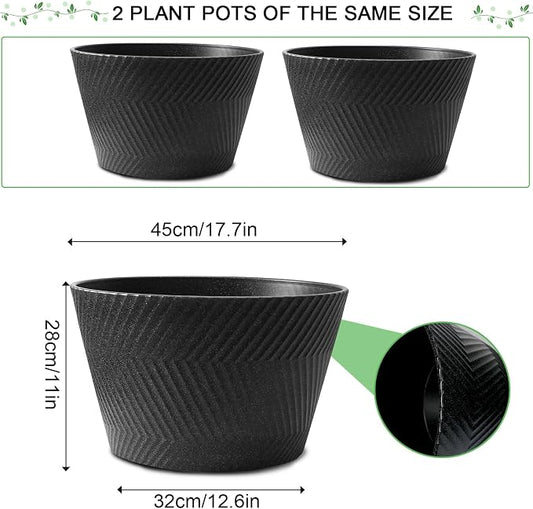 18 inch Big Plant Pots, 2 Pack Large Round Planters for Outdoor Plants, Porch, Patio, Backyard, Durable Plastic Flower Pots, Modern Décor for Tall Plants, Flowers, Black