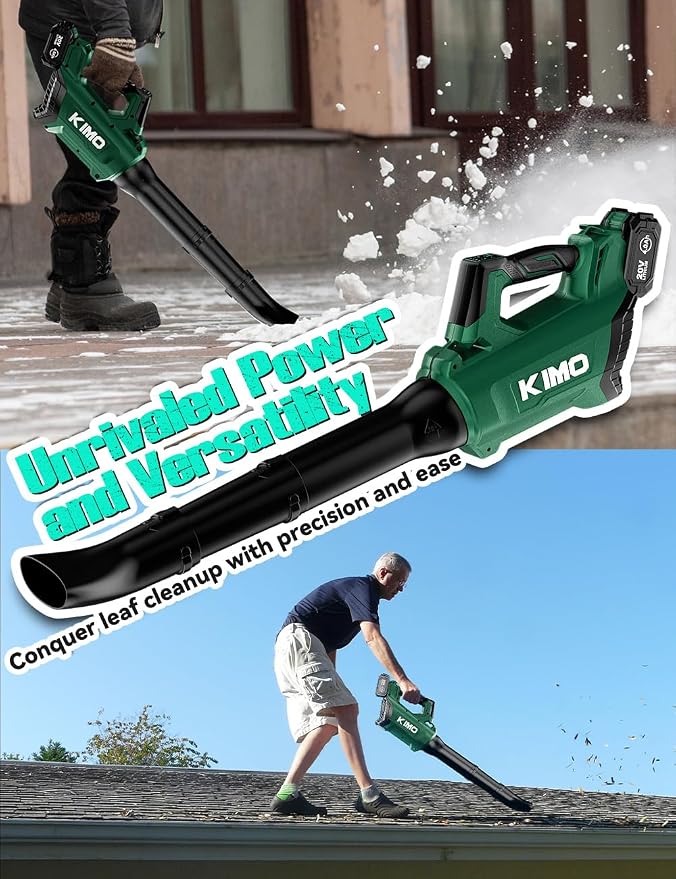 KIMO Leaf Blower Cordless with Battery and Charger, Brushless Motor, 650CFM 160MPH, Turbo Mode and 3 Speeds, 2 Pack 4000mAh Battery Powered Leaf Blowers for Lawn Care, 3 Extended Tube, Shoulder Strap