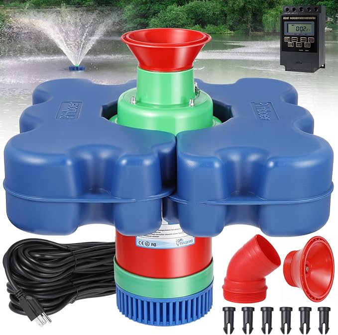 Pond Fountain Aerator Floating with Time Controller for Outdoor Large Ponds | AC110V 1HP 750W with 15000 GPH Aeration System Aerating Fountain Pump for Outdoor Ponds & Lakes with 15A/100FT Power Cord