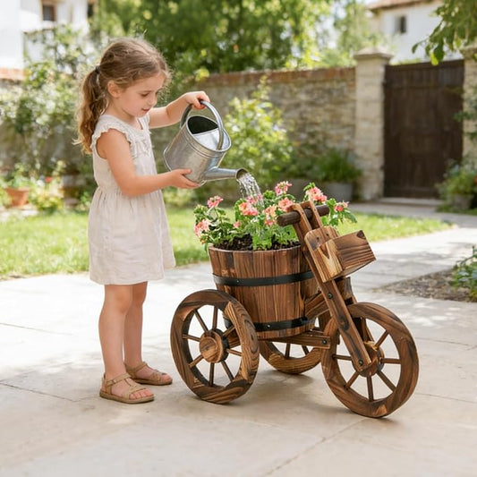 kinbor Outdoor Planters - Rustic Barrel Planter, Wooden Wagon Tricycle Planters for Outdoor Plants