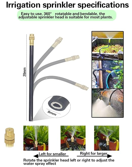 20-Piece Drip Irrigation Kit - 10 Adjustable 360° Misting Sprinklers & 10 Push-to-Connect 12-8mm Tee Fittings, Tool-Free Watering System for Garden, Greenhouse, Potted Plants