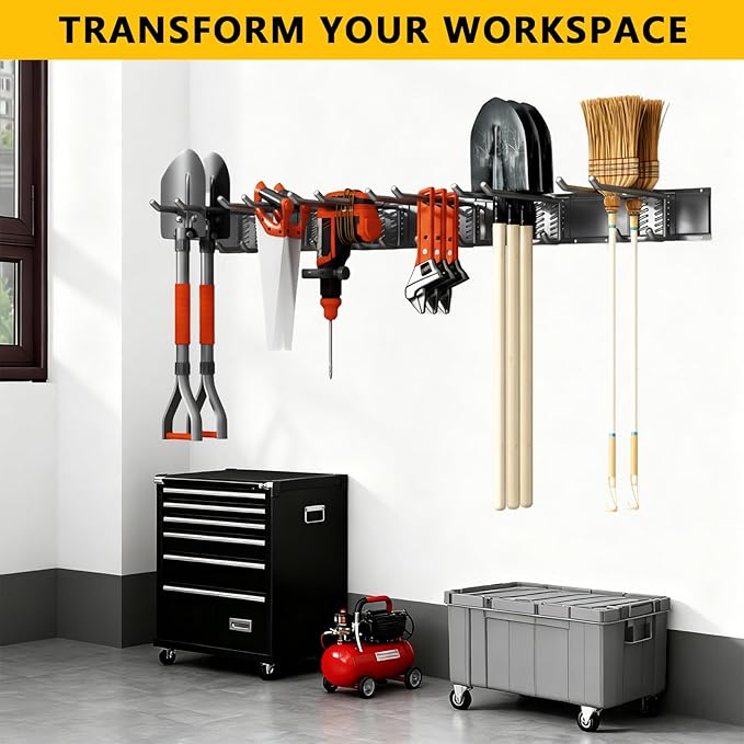 Garage Tool Organizer Wall Mount, Heavy-Duty Garage Storage System and Garden Tool Organizer with Adjustable Hooks for Shovel, Snowboard, Yard Tools and Shed (64"-10hooks)