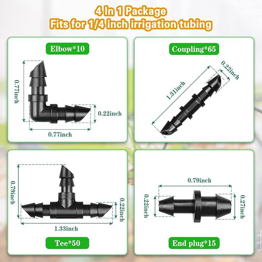 Gardrip 1/4 Inch Drip Irrigation Fittings Kit:140 Pieces Drip Irrigation Parts with Sharp End for 1/4" Irrigation Tubing Barbed Connectors for Home Garden 65 Couplings 50 Tees 10 Elbows 15 Goof Plugs
