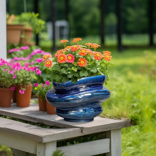 Ceramic Pots for Plants - 10.6 Inch Ceramic Planter with Drainage Hole, Decorative Planters for Indoor Outdoor, Unique Flower Pots, Garden Office House Decor, Birthday Housewarming Gifts, Blue