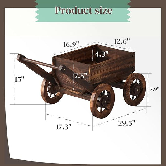 Wooden Flower Cart with Wheels Wooden Wagon Planter Trolley Decoration Succulent Flower Pot, Outdoor Garden Planter Decor Planter for Patio Balcony Indoor Backyard Balcon Decor Cart(Small)