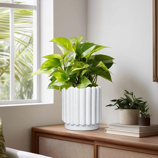 Ceramicfor Ceramic Planter, 7.6 Inch, White | Indoor Plants, Outdoor Use, Drainage Hole, Fluted Modern Design, Round Flower Pot