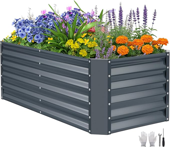 4×2×1.4ft Galvanized Raised Garden Bed Kit, Metal Planter Boxes Outdoor, High Raised Beds for Vegetables, Fruits, and Flowers - IronGrey