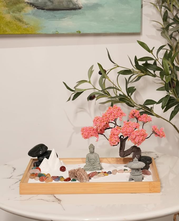 Mini Zen Garden for Desk Bodhi Tree and Buddha | Desktop Sand Tray Japanese Zen Garden Kit for Therapy Office Decor, Home Decor, Meditation Gifts