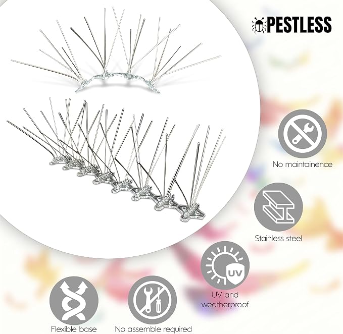 Upgraded Bird Spikes 10 Pack - 12-Inch Deterrent, 5 Spikes, Wide Coverage, Adjustable Strip Length - Stainless Steel Repeller Against Pigeons, Squirrels, Animals - Easy Mounting