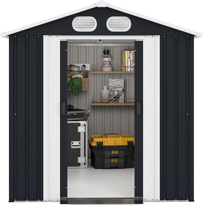 YOPTO 8x6 FT Outdoor Storage Shed, Metal Tool Shed with Window, Lockable Doors & Air Vents, for Backyard Garden Patio,Lawn,Dark Gray