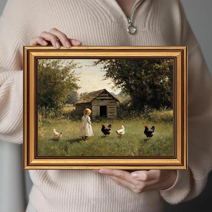 Devunaty Gold Framed Country Canvas Wall Art, Vintage Farm Girl with Chickens Poster Print, Rustic Landscape Painting Picture, Pastoral Farmhouse Artwork Wall Decor for Bedroom Nursery Bathroom 12x16in