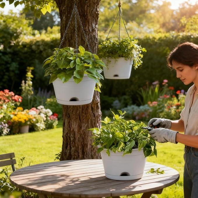 Nooulap 4 Pack Hanging Planters Outdoor, 10 Inch Hanging Plant Pot, Grey | Hanging Baskets for Plants, Outdoor Indoor Use, Place & Hanging Flowers Pots, with 40cm Chains, Home Garden Porch Decor