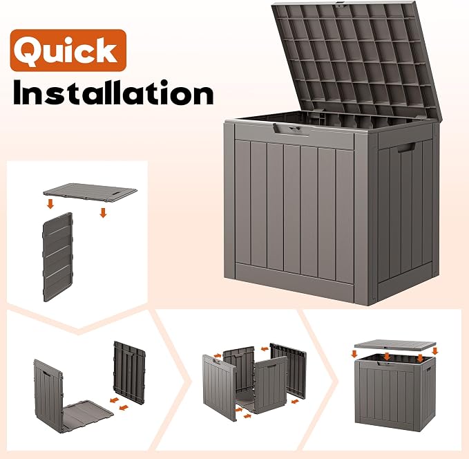 Outdoor Storage Box, Resin Deck Boxes Indoor and outdoor, Waterproof Storage Box Lockable Lid (Grey,32 Gallon)