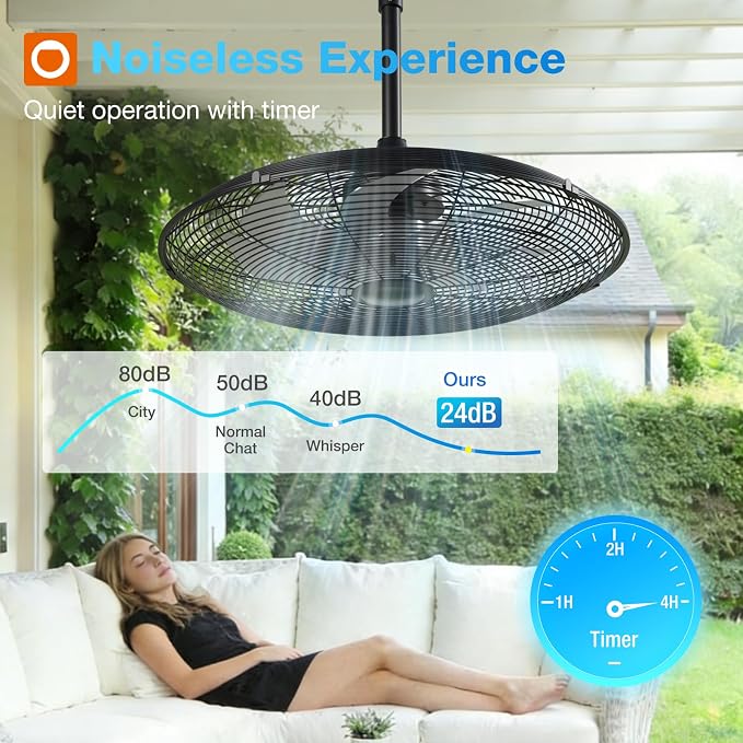 addlon Outdoor Ceiling Fan for Patios, 24 inch Black Waterproof Gazebo Fan Remote&APP Control, 6 Speeds, Noiseless, Reversible, Plug in Hook Mount Ceiling Fan for Pergola Canopy Porch