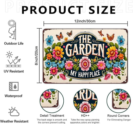 Smilelife Plants Gifts The Garden My Happy Place Vintage Tin Sign for Garden Patio Porch Yard She Shed Decor 8x12 Inch (3902)