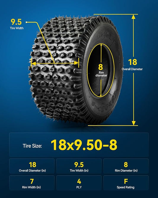 PHILTOP 18x9.5-8 ATV UTV Tires, 4-Ply Super Mud 18x9.5-8 ATV All-Terrain Tires for Riding Mowers, Golf Carts, Off-Road,2 Pcs,Tubeless (Z-106)