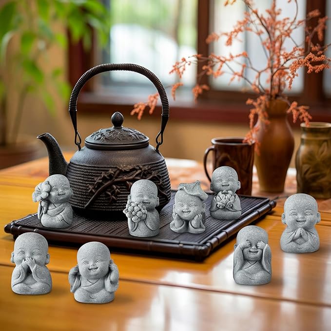 Hoteam 8 Pcs Laughing Buddha Statue Small Zen Monk Praying Sandstone Sculptures for Luck Feng Shui Decor Car Dashboard Home Living Room Office Desk Decor
