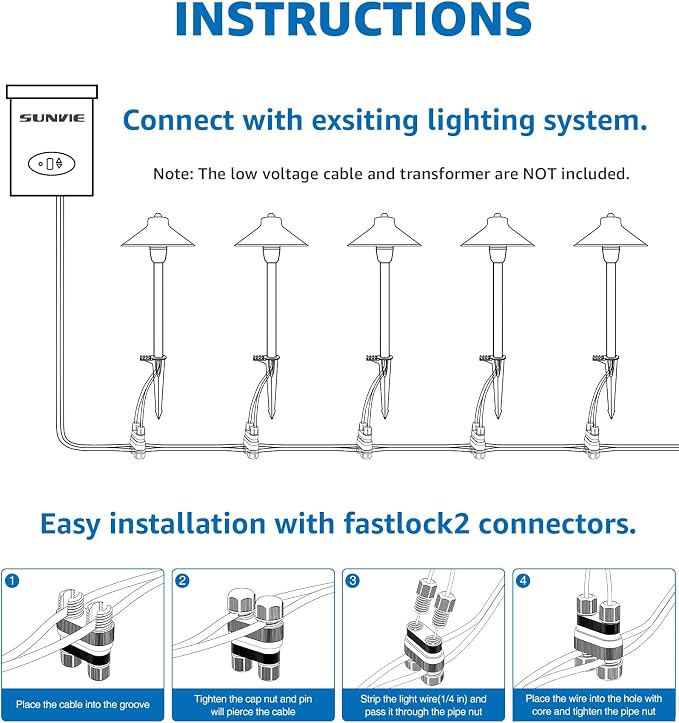SUNVIE Low Voltage Pathway Lights 12V LED Landscape Path Lights 3000K Outdoor Waterproof Landscape Lighting 3W Aluminum Low Voltage Landscape Lights for Walkway Yard Garden ETL Listed Cord, 4 Pack