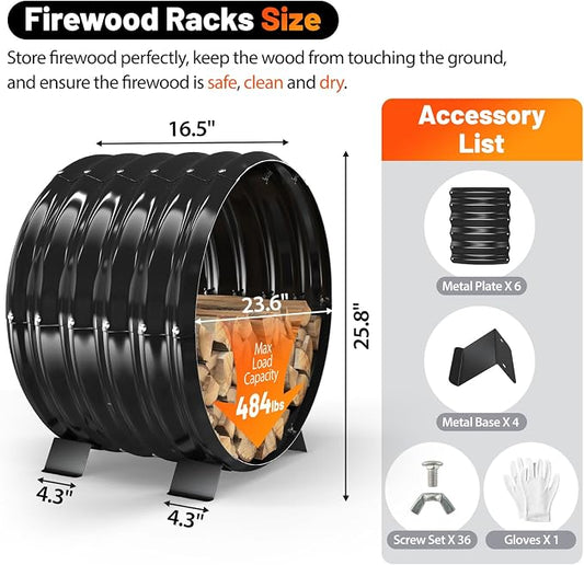 Round Metal Sheet Firewood Rack Indoor by Fireplace/Outdoor Beside Fire Pit-with Metal Legs,Rustproof,Durable & Stylish Firewood Holder (Circle, 24 Inches Diameter)