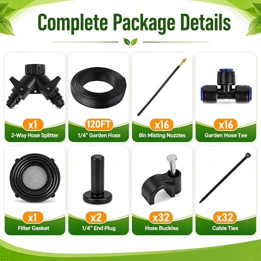 120Ft 1/4" Drip Irrigation System, 360° Adjustable Brass Nozzles, Save 80% Watering Garden Kit, DIY Tool-Free Quick Connect Sprinklers for Outdoor Plants, Landscape, Raised & Flower Beds, Greenhouse