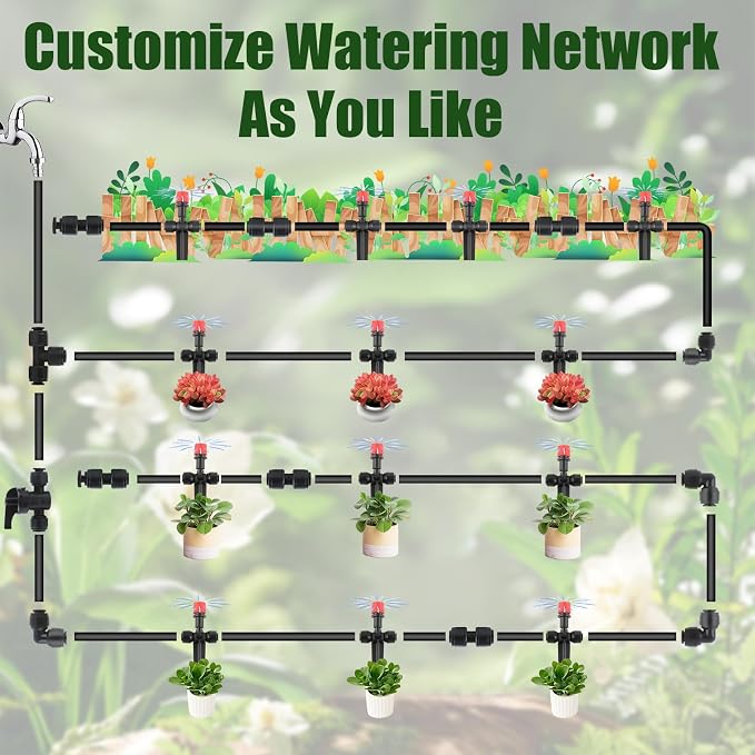 Kalolary 46PCS Quick Connect 1/4" Drip Irrigation Fitting Kit, 1/4'' Drip Line Push-to-Fit Connectors Leak Free Fitting Set with 10 Tees, 10 Couplings, 10 Elbows, 5 Valves, 10 End Plugs &1 Hose Cutter