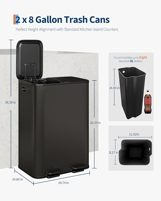GarveeHome 2 x 8 gal Stainless Steel Double Trash Can with Lid for Kitchen, Large Dual Trash and Recycle Bin Combo, Step-on Kitchen Metal Garbage Cans, PP Inner Buckets, Liner Rim, Matte Black