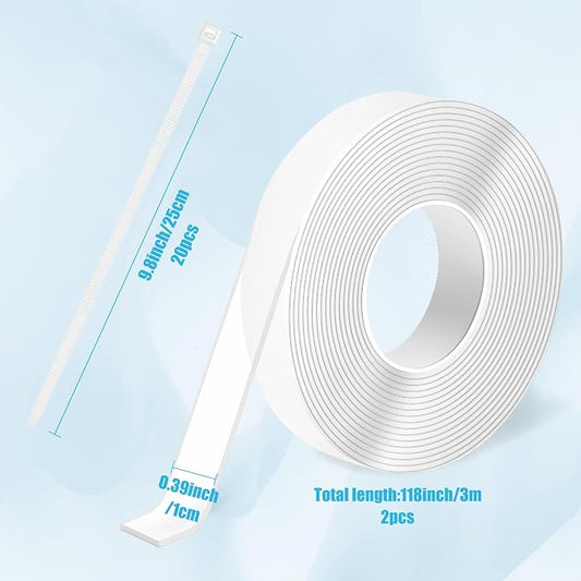 Ties and Tapes for Bird Spikes - 20PCS Plastics Zip Tie & 2PCS 3M Nano Adhesive Mounting Tape for Outdoor Use, Ideal for Keep Pigeons Cat Animal Away Plastic Spikes Bundling Fastening