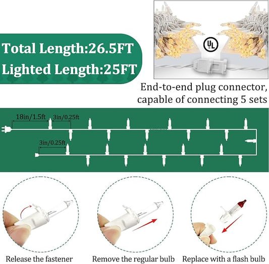 Warm White Christmas Lights Outdoor, 25FT 100 Count Incandescent Mini Christmas Lights White Wire, Waterproof Fairy Lights, Connectable Xmas String Lights for Christmas Tree, Garland, Wedding Decor