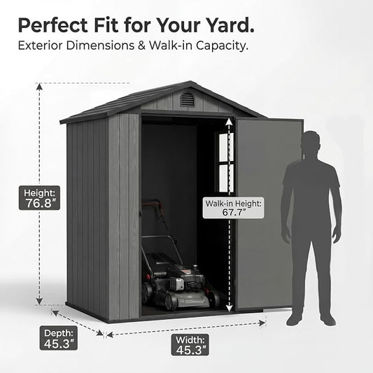 Devoko 4×4 FT Resin Storage Sheds with Floor, Plastic Outdoor Tool Shed with Windows, Waterproof Outside Sheds and Lockable Doors for Backyard Lawn Garden, Dark Gray