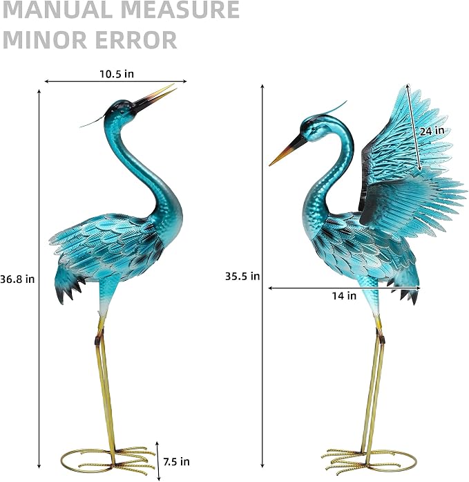 36.8" Metal Crane Garden Statue, Oversized Heron Yard Decor | Handcrafted with 3DTexture, Hand-Painted, U-ground Stakes for Stability, Weather Resistant Iron, Backyard Lawn Pond Patio