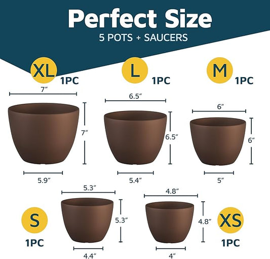 Planter Pots with Drainage Holes - Lightweight, Durable & Space-Saving Pots for Indoor and Outdoor - Versatile Functionality, Simple Modern Design, Set of 5 Plastic Planter Pots - Brown