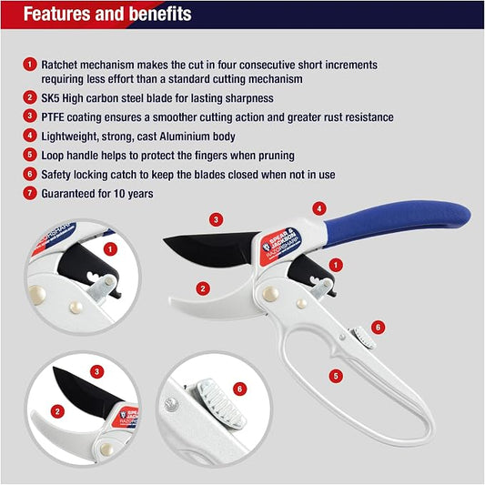 Spear & Jackson Razorsharp Ratchet Anvil Pruners, Heavy-Duty Garden Shears for Cutting Thick Branches with Ratchet Mechanism