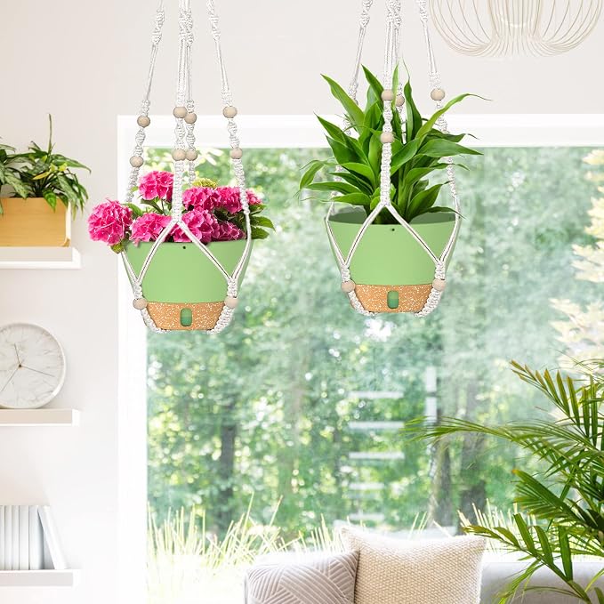 ZMTECH 2 Pack 10 Inch Hanging Planters with Macrame Plant Hanger for Indoor and Outdoor Plants, Self Watering, Drainage Hole, Visible Level Tray, Green