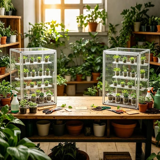 Mini Greenhouse Indoor, Clear Small Green House with Magnetic Door, Stackable Succulent Seed Starting Kit Children Nature Observation Station
