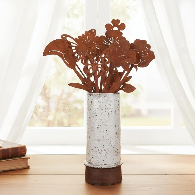 10 Pcs Rusty Metal Flowers and Plants, Rusty Rustic Metal Flowers Signs for Outside Yard Art Gift for Yard Decorative Garden Stakes Potted Plants Walkway and Garden