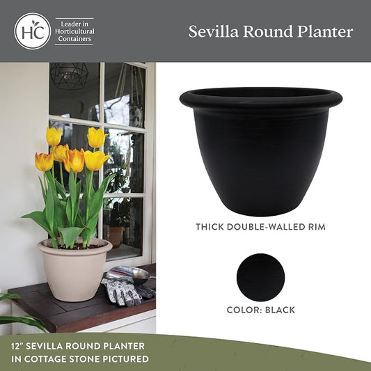 The HC Companies Sevilla Flower Planters - Outdoor & Indoor Planter - Round Self Watering Plant Pots for Herbs & More (9”, Black, Pack of 2)
