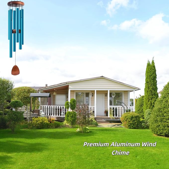 37 Inch Large Aluminum Wind Chimes, Serene Blue with Deep Tone and Wood Top, Outdoor Decor for Garden Patio Backyard Porch, Birthday Housewarming Gift