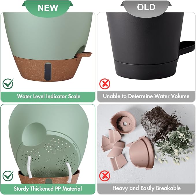montresor 2 Pack 10 inch Plant Pots, PP Plastic Self Watering Planter with Drainage and Tray for Indoor Outdoor Plants, Water Level Window & Reservoir Flower Pots Decorative Planter (Green)
