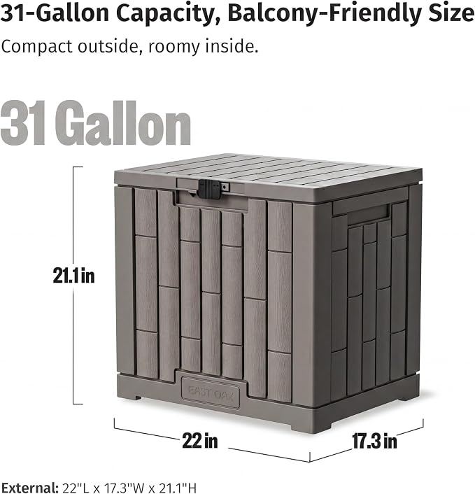 EAST OAK Outdoor Storage Box, 31 Gallon Deck Box, Waterproof Resin Storage Bin for Patio Cushions, Gardening Tools, Accessories, Lockable, UV Resistant, Brown