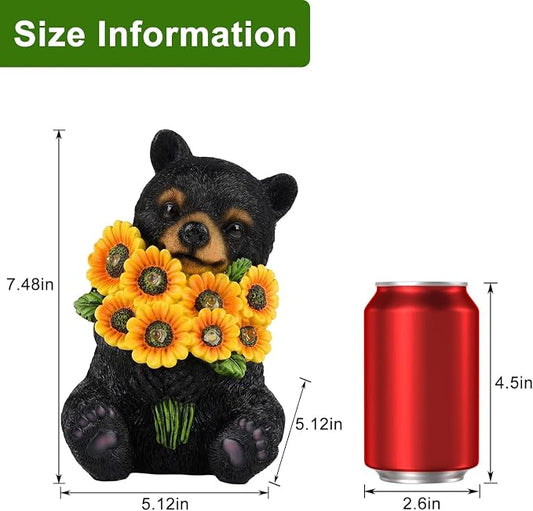 Solar Garden Lights Outdoor Statues Black Bear with Sunflowers, Sculpture Decor Mother Gifts for Women, Men or Daughter, Unique Garden Statues for Housewarming Gifts