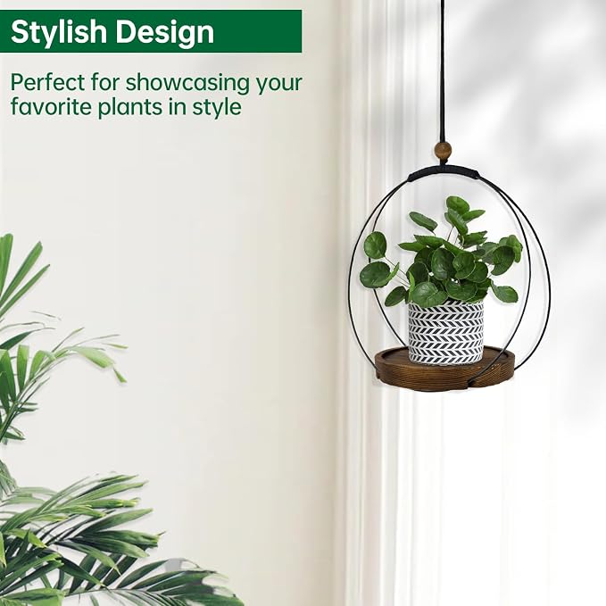 hismocal 4-Pack Hanging Plant Shelves, Wood Plant Display for 5.5" Pots | Solid Wood, Adjustable Rope, Fits Pots up to 5.5", 4-Pack
