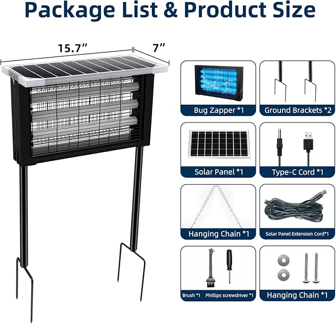Solar Bug Zapper Outdoor for 3000 sq.ft, Waterproof Mosquito Zapper, Rechargeable Fly Zapper with 3 LED Tube,Cordless Solar Mosquito Killer for Patio Yard Garden Camping with 13W Solar Panel (9023A)