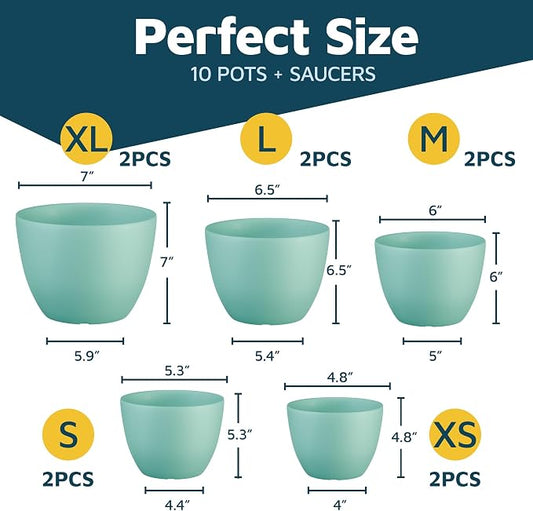 Planter Pots with Drainage Holes - Lightweight, Durable, and Space-Saving Pots for Indoor and Outdoor - Versatile Functionality, Simple Modern Design, Set of 10 Plastic Planter Pots - Aqua