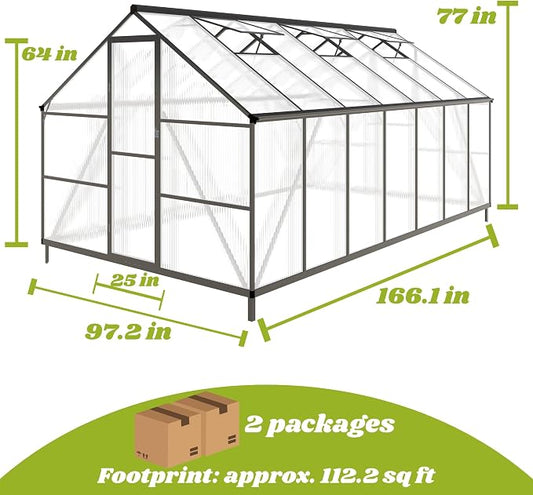 8 x 14 FT Greenhouse for Outdoors, Polycarbonate Greenhouse with Quick Setup Structure and Roof Vent, Aluminum Large Walk-in Green House for Outside Garden Backyard, Dark Gray