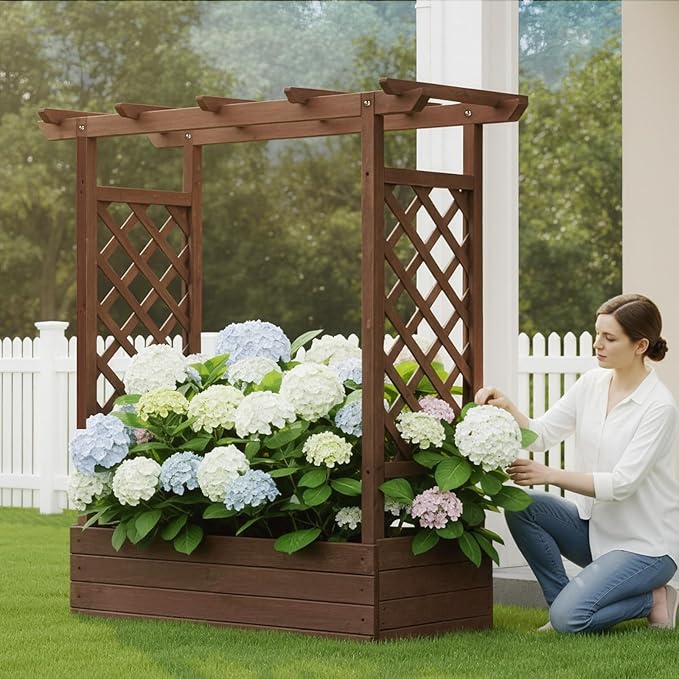 VINGLI Raised Garden Bed with Trellis & Hanging Roof, Wooden Elevated Planter Box with Drainage Holes for Outdoor Climbing Plants Vegetables Flowers, Patio Yard Balcony (Carbonized, Medium)
