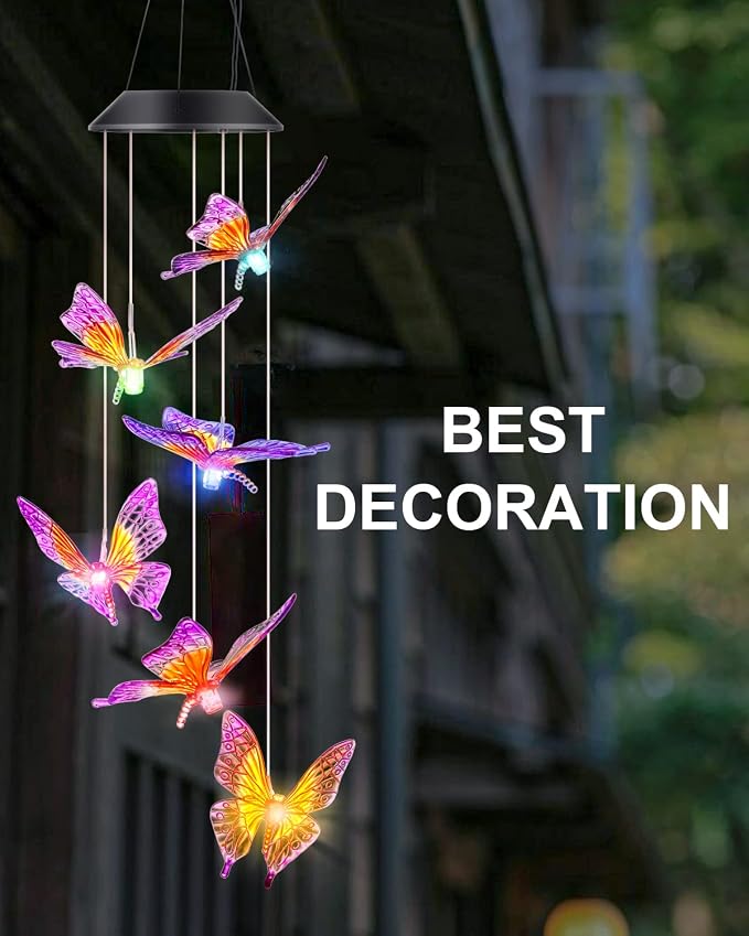 DesGully Butterfly Wind Chimes, Solar Wind Chimes/Wind Chimes for Outside Color Changing (Gifts for mom/Gift for Grandmom/Gift for Women) Thanksgiving Gift Butterfly Gift