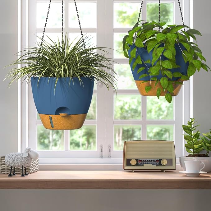 ZMTECH 12 Inch Large Self Watering Hanging Planters for Indoor Outdoor Plants - Water Level Indicator & Removable 60 Oz Reservoir, 1 Pack Plastic Hanging Basket for Window Porch Garden Balcony, Blue