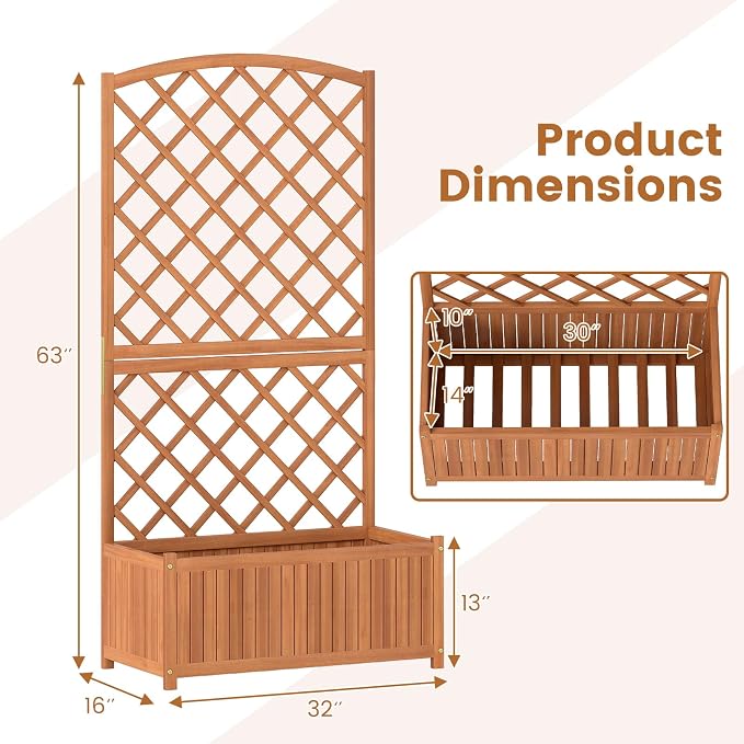 HAPPYGRILL Wooden Raised Garden Bed with Trellis, 63" Tall Planter Box with Trellis & Slat Bottom Base Vine Climbing Plants Flowers, Outdoor Freestanding Garden Box for Backyard Balcony (1)