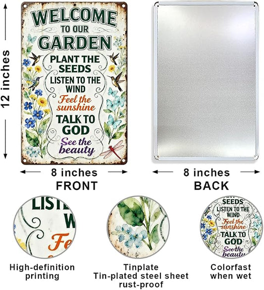 Garden Metal Tin Sign,Welcome To Our Garden Sign | Vintage Funny Wall Art for Outdoor Garden Wall Decor,Gifts for Plant Lovers Women Gardeners