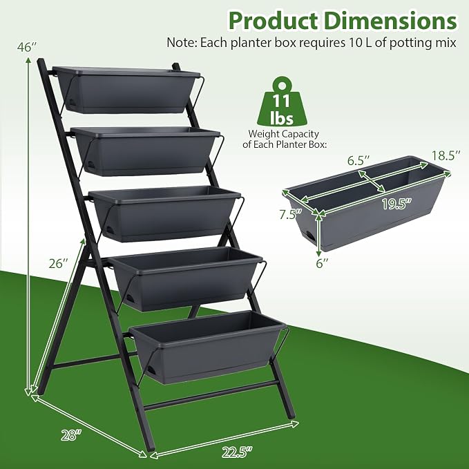 Giantex 5 Tier Vertical Planter Set of 2, Raised Garden Bed with Drainage Holes & Removable Trays, Metal Frame Elevated Planter Boxes for Herbs Vegetables Flowers, Indoor Outdoor Patio Balcony